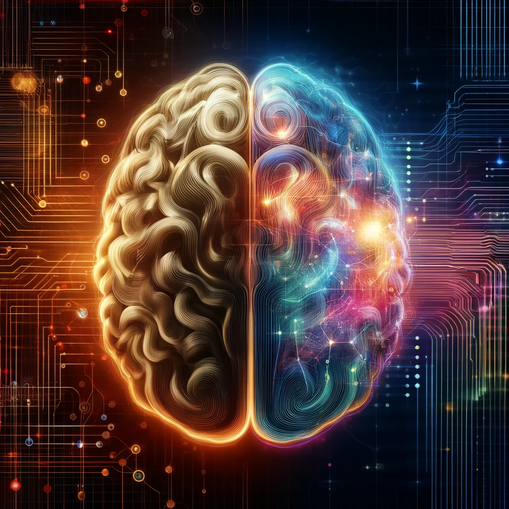 An artistic representation showing human brainwaves merging with digital algorithms, symbolizing the convergence of human cognitive processes and artificial intelligence capabilities.