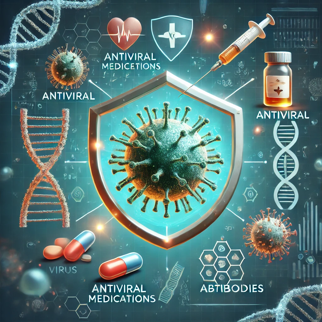 An illustration showing a virus particle being attacked by antiviral medications and antibodies, symbolizing virus treatment. The virus is surrounded by a shield representing immune defense, with medical symbols like a syringe and pills in the background.