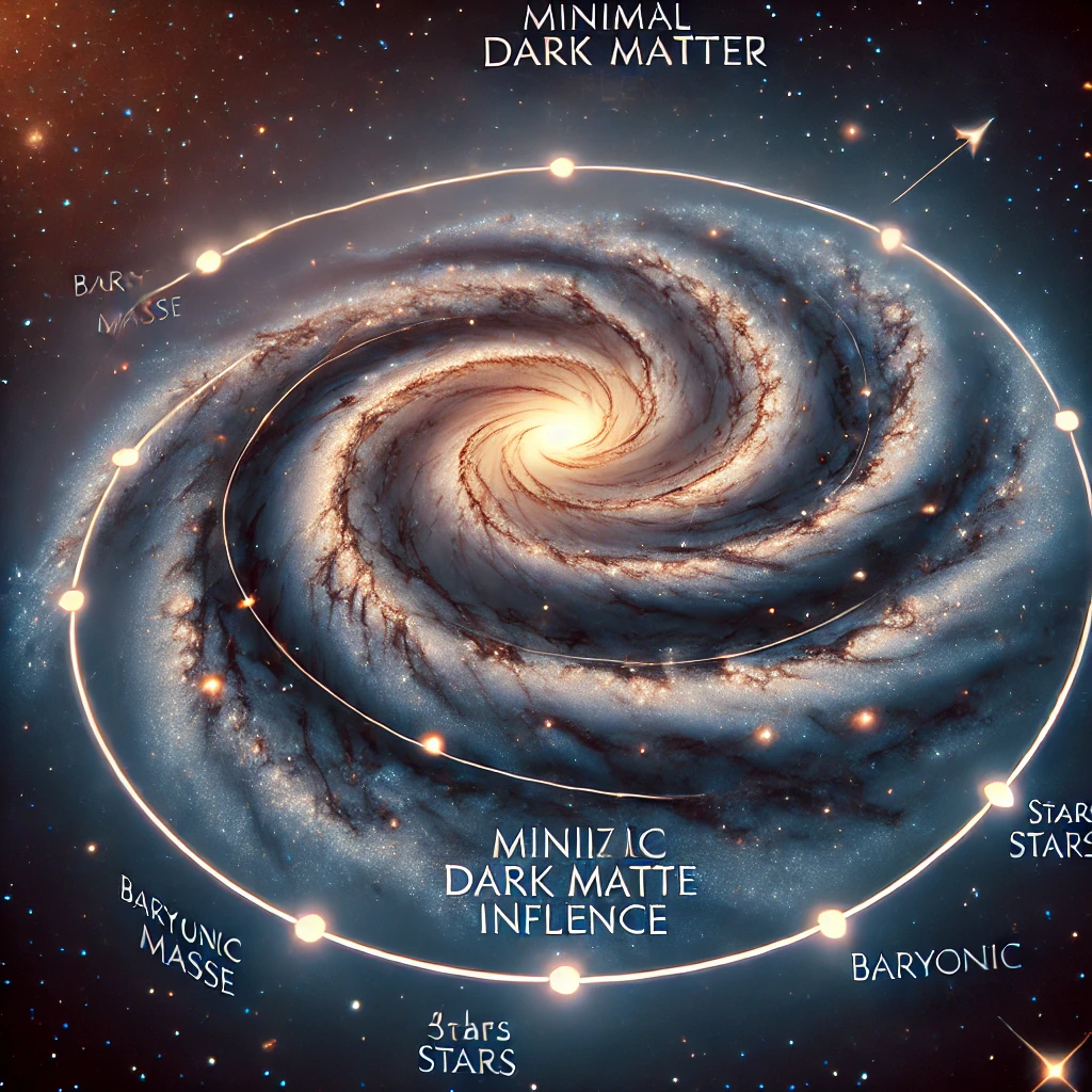 Illustration of a spiral galaxy with minimal dark matter, highlighting the baryonic mass and rotation dynamics that challenge typical dark matter models.