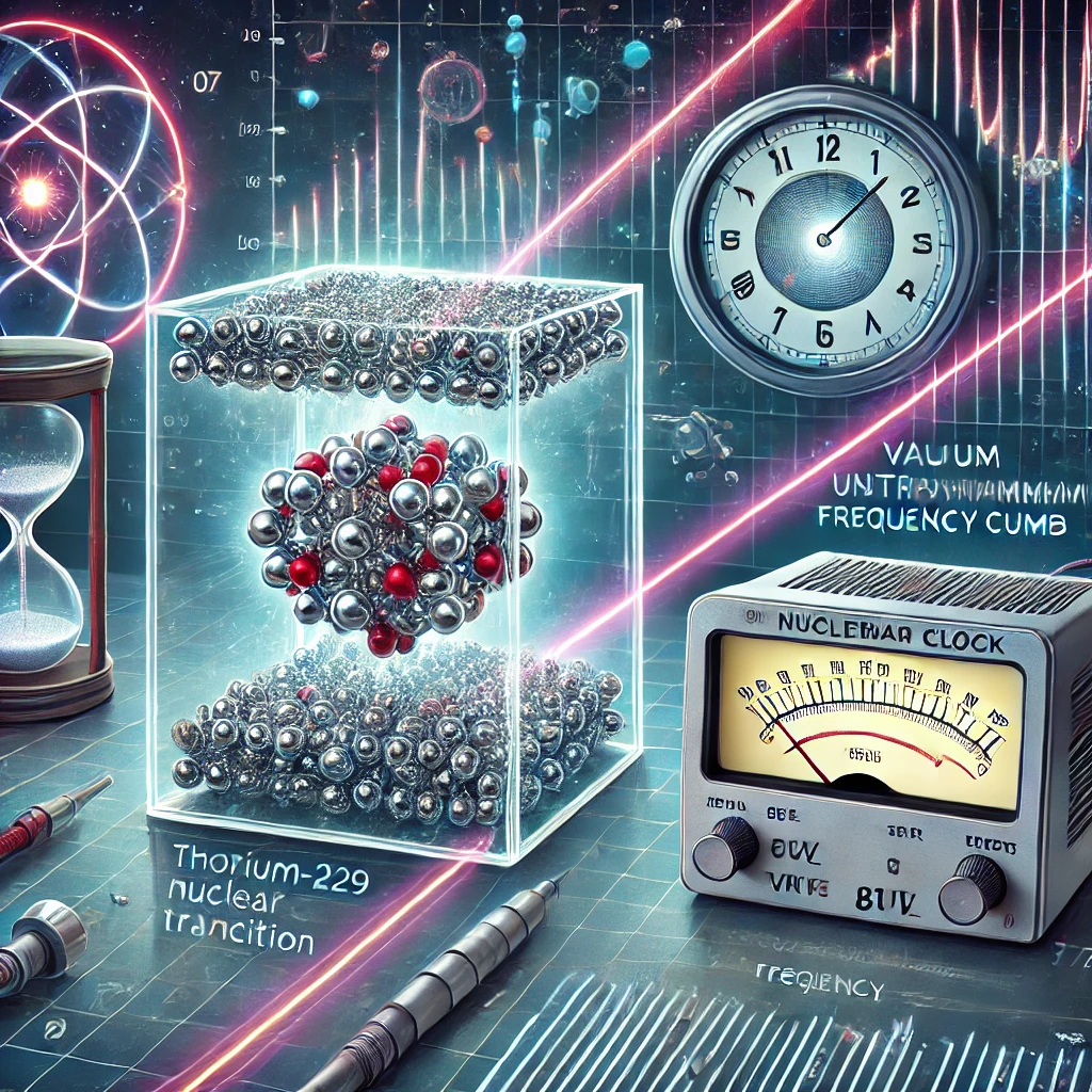 Illustration of Thorium-229 embedded in a crystal, with lasers targeting the nuclear transition and a VUV frequency comb connecting to the 87Sr atomic clock, representing nuclear and atomic clock comparison.