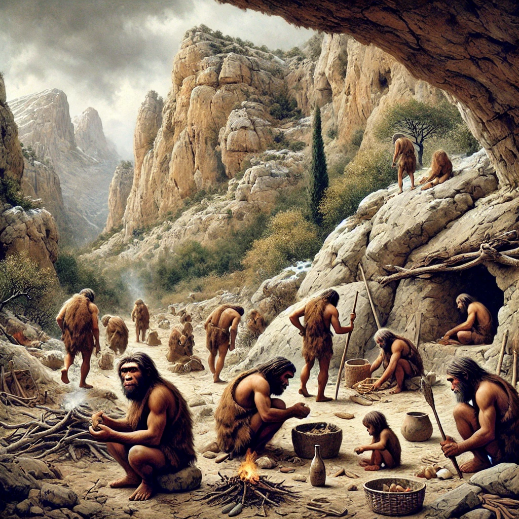 Here is the image based on the description of Neanderthals living in isolation in a Mediterranean rock shelter during the Ice Age. The scene shows their daily life, with rugged surroundings typical of southern France at that time.