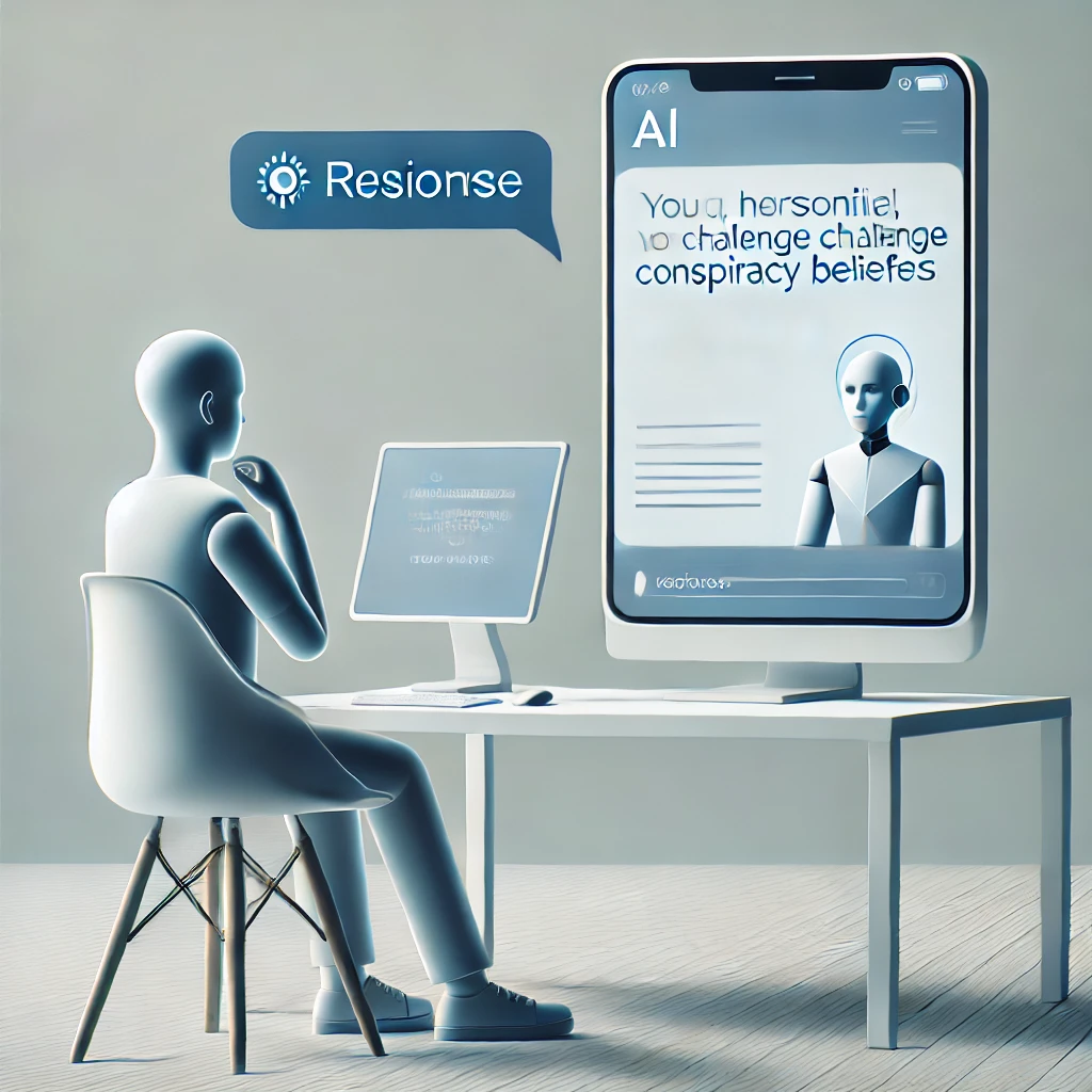 AI engaging in a personalized conversation with a person, refuting conspiracy beliefs with tailored evidence in a back-and-forth dialogue.