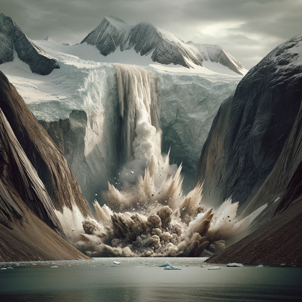 Rockslide plunging into a Greenland fjord, generating a massive tsunami with a towering wave, ice, and debris, under a backdrop of steep, snowy mountains.