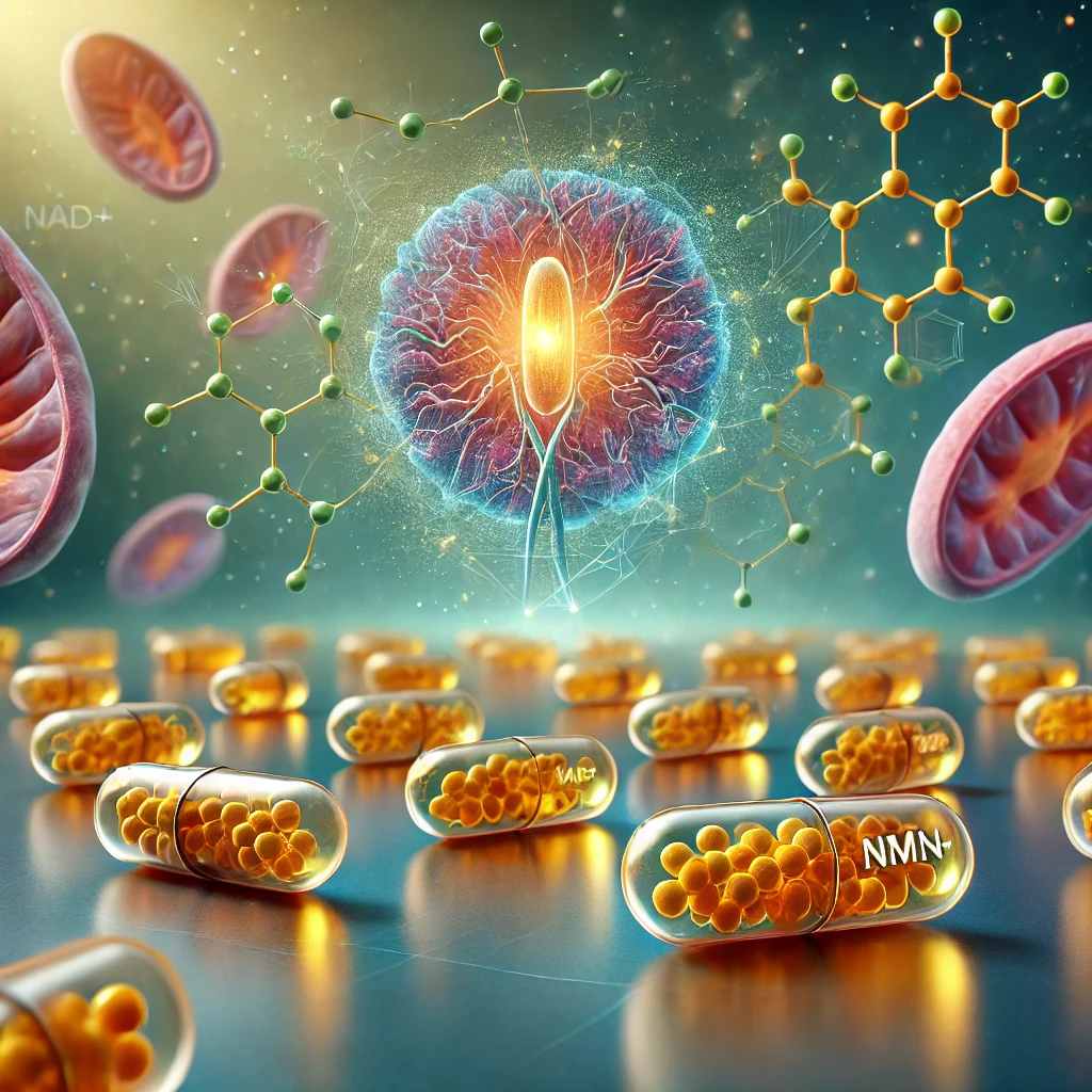 Capsules of nicotinamide mononucleotide (NMN) with the molecular structure of NAD+ and mitochondria, representing NMN's role in anti-aging research.