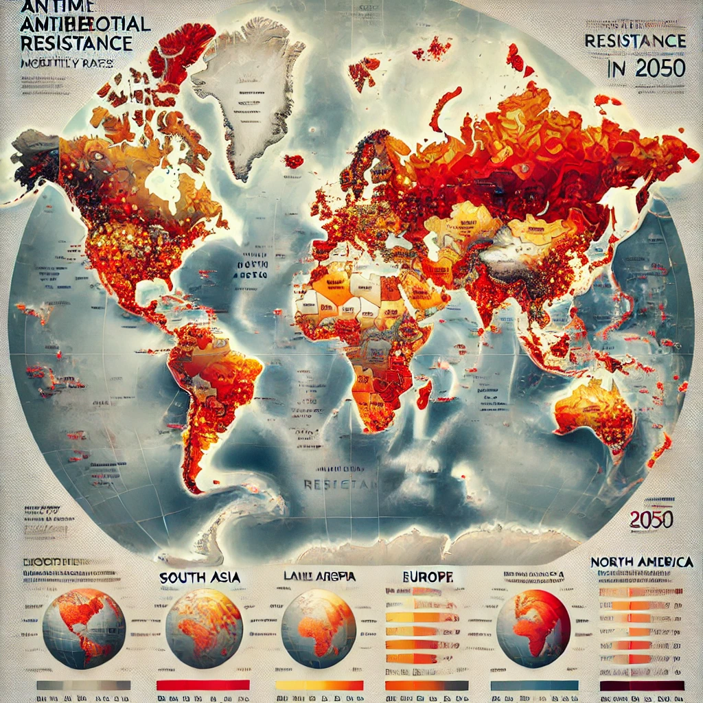 A global map showing projected antimicrobial resistance (AMR) mortality rates by region in 2050, with high death rates forecasted in South Asia and Latin America.