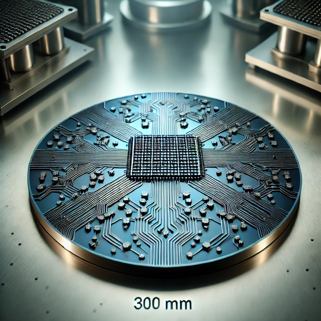 A 300 mm silicon wafer with detailed circuit patterns representing superconducting qubits, fabricated using CMOS technology, in a cleanroom setting for quantum computing processors.