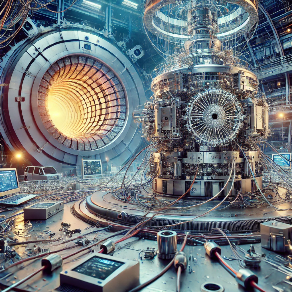 A high-tech laboratory featuring a particle collision experiment setup with a detector, advanced computing equipment, and a circular collider in the background, emphasizing precision in measuring elementary particles like the W boson.