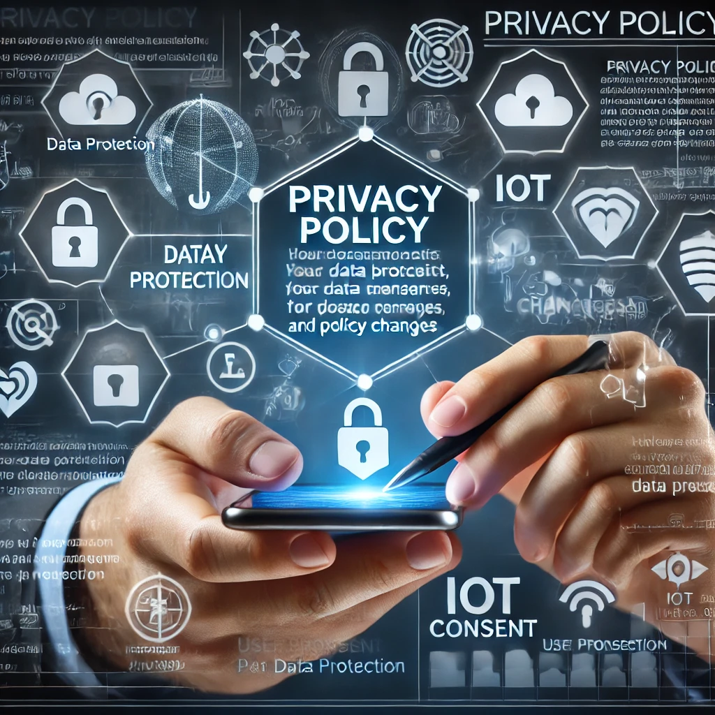 A conceptual illustration of a user interacting with a privacy policy on a smartphone or laptop. Notification icons for data breaches and policy changes are visible on the interface, with symbols of a lock, cloud computing, and IoT devices in the background, representing cybersecurity and personal data protection.