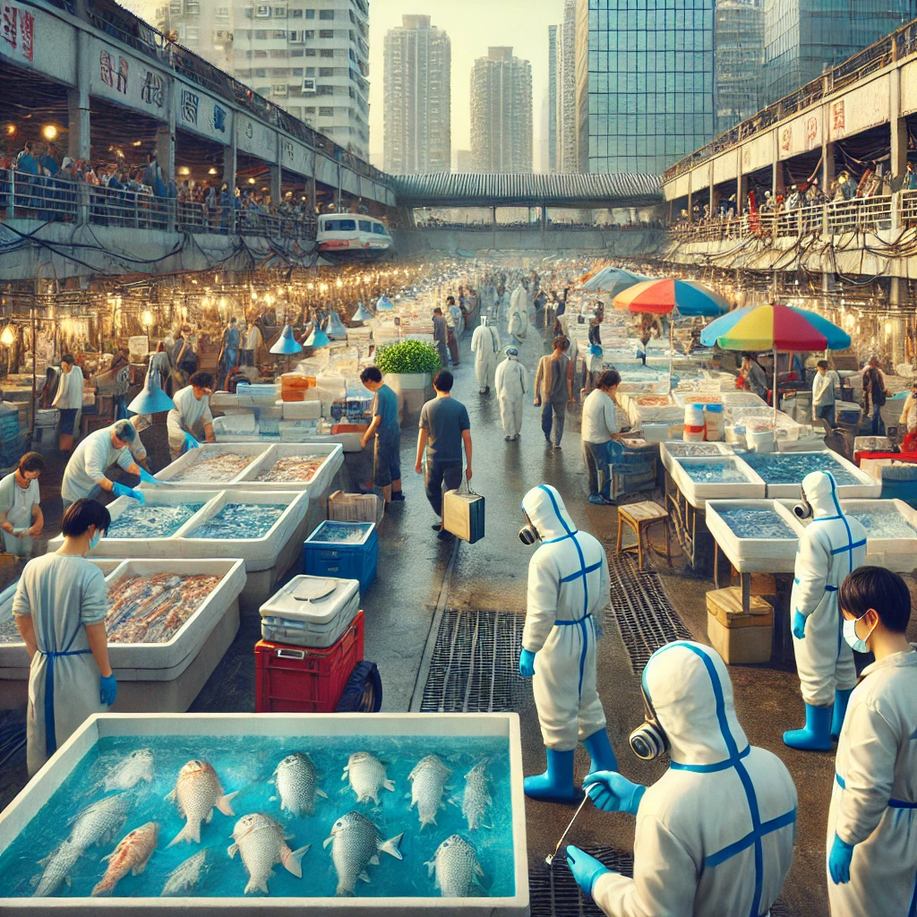 Scientists in protective gear collecting samples at a bustling seafood market with crowded stalls, reminiscent of the Huanan Seafood Market, where fish and exotic animals are sold amidst marketgoers.