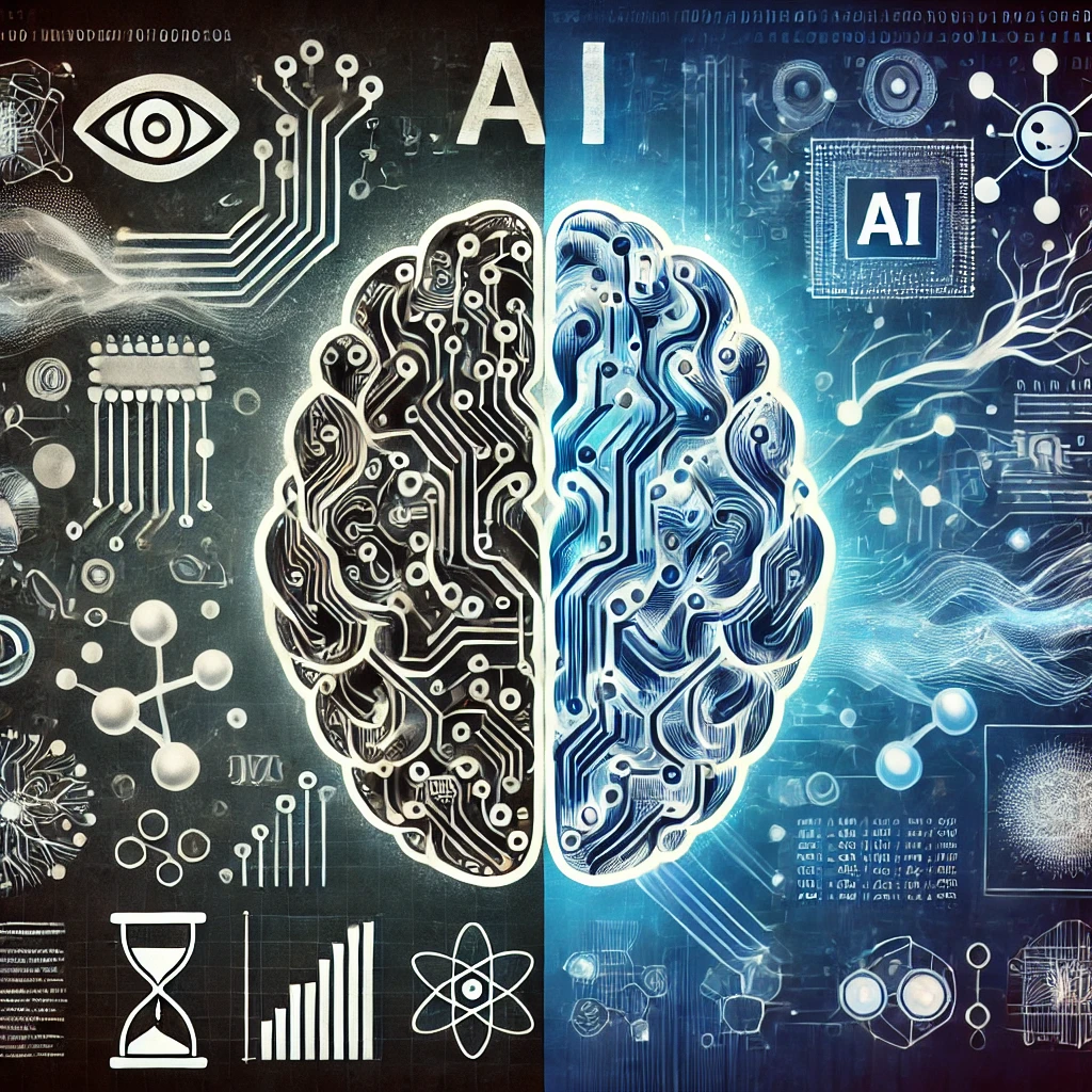 An illustration depicting a human brain on one side and an AI brain on the other, symbolizing the collaboration and competition between human creativity and AI in generating scientific ideas. The human side features neurons and sketches, while the AI side has circuits and binary code, set against a futuristic background of data streams.