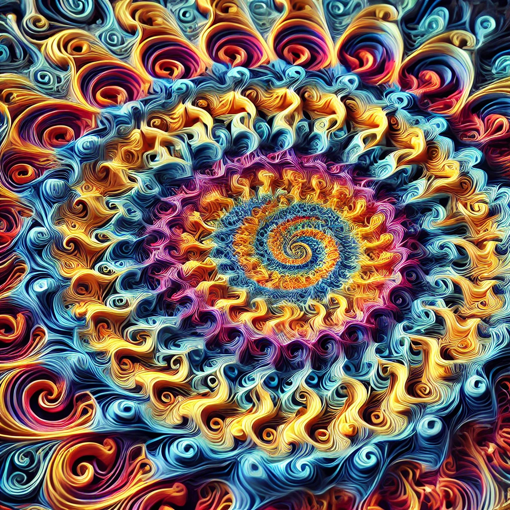 A vibrant visualization of Turing patterns, showing intricate spirals and waves formed by nonlinear diffusion-reaction processes on a circular domain.