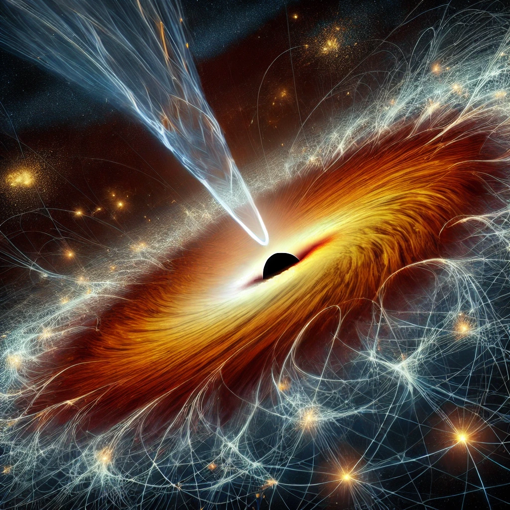 A visualization of Porphyrion, a black hole jet structure, stretching across the cosmic web, with intricate patterns showing the flow of energy from a supermassive black hole.