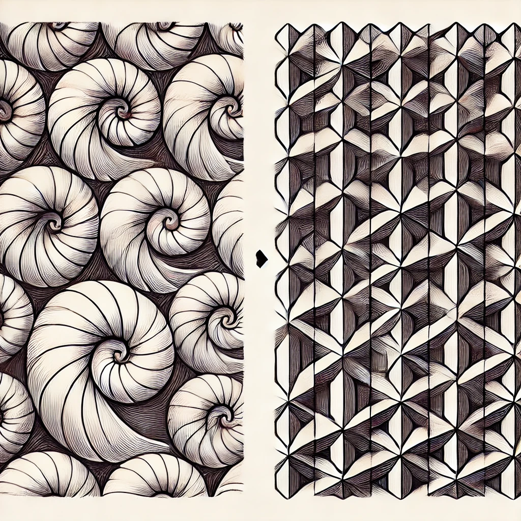 Comparison of natural soft tiling patterns inspired by seashells on the left, and the aperiodic hat polykite tiling pattern on the right, highlighting the contrast between nature's curves and mathematical tiling.