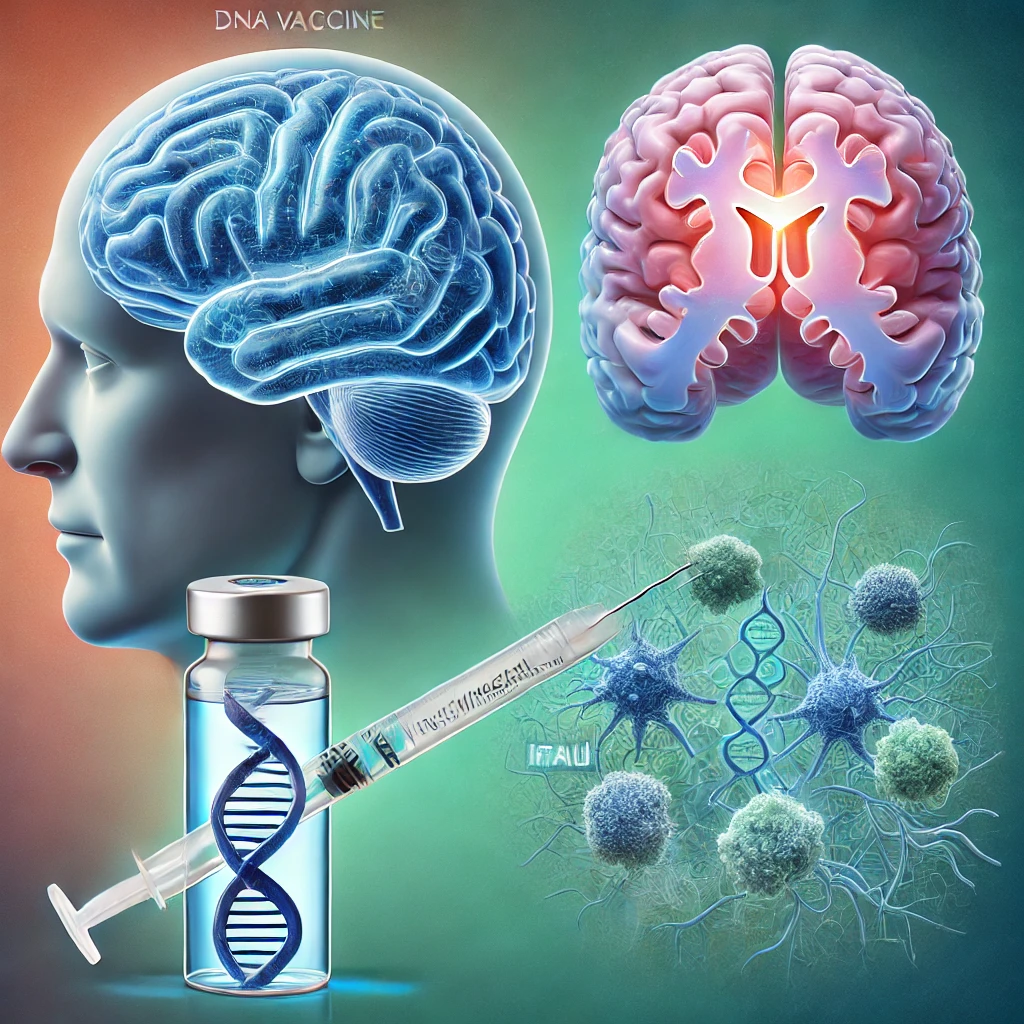 An illustration showing a DNA vaccine structure in a 3D double helix shape alongside the depiction of amyloid-beta plaques and tau protein tangles in a human brain, representing the concept of DNA vaccination for Alzheimer's Disease against a scientific-themed background.