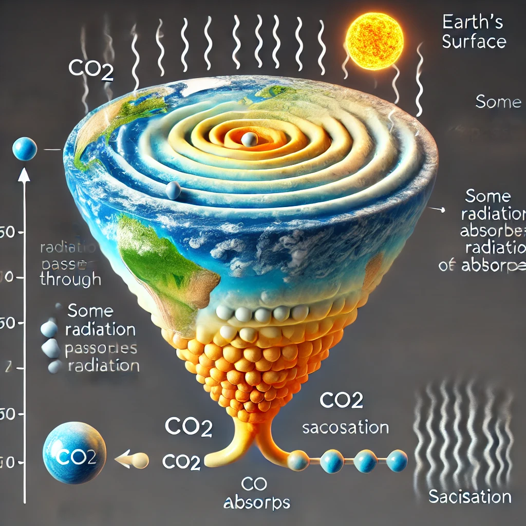 An illustration showing carbon dioxide (CO2) molecules in the Earth's atmosphere absorbing thermal radiation. The Earth's surface emits heat waves, represented by wavy lines, with CO2 molecules absorbing some of this radiation while allowing some to pass through. A funnel-shaped effect shows CO2's saturation process, indicating that as more radiation is absorbed, additional absorption becomes less effective.