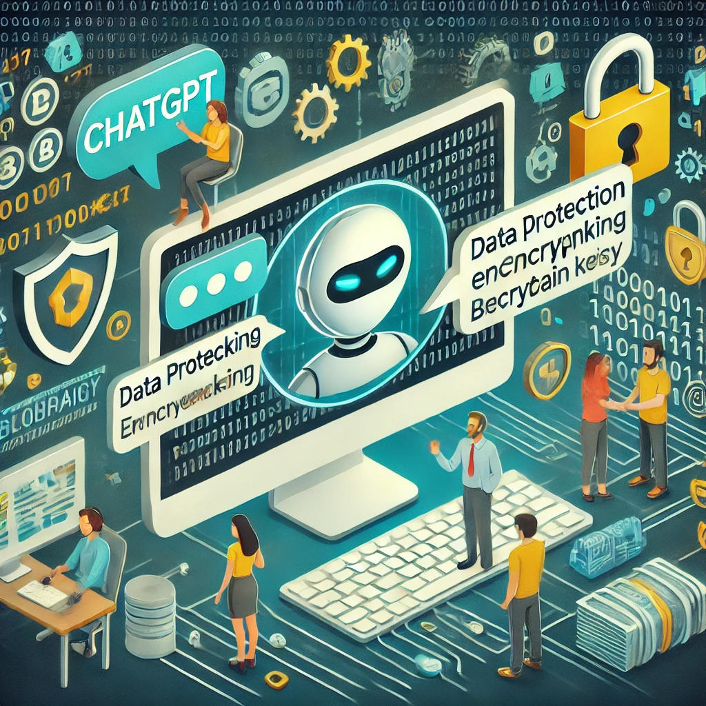 An illustration showing ChatGPT interacting with users on a computer screen. The screen is surrounded by symbols representing digital safeguards such as watermarking, encryption keys, and blockchain links. Icons representing data protection, cybersecurity, and privacy threats, like padlocks, shields, and binary code streams, are included, emphasizing both the capabilities and risks of AI-generated content.