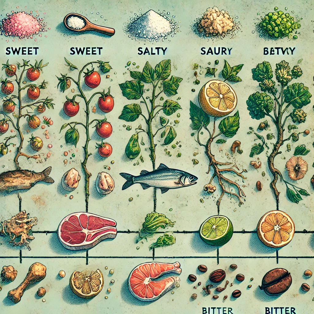 An illustration showing the evolutionary journey of human taste, featuring various foods that represent sweet, salty, sour, savory, and bitter flavors. The image highlights how these taste preferences evolved to help our ancestors identify nutritious and safe foods.