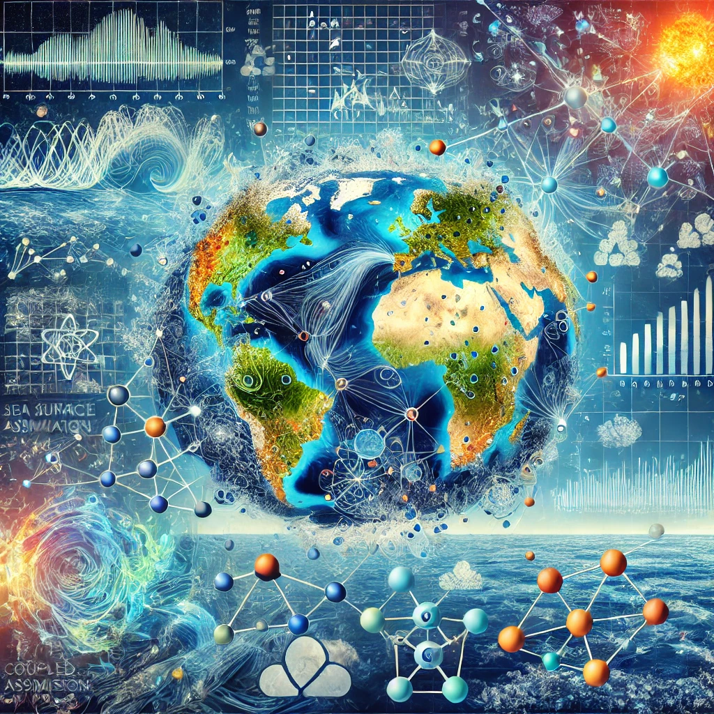 A visual representation showing how machine learning methods improve the accuracy of climate model predictions. The image features data visualizations of climate variables, such as temperature and sea surface patterns, highlighting the role of machine learning in enhancing coupled data assimilation for climate models.