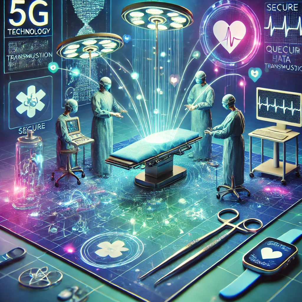 A futuristic healthcare scene with a vibrant color palette of bright blues, greens, and purples, showcasing a digital network connecting various medical devices, including remote surgery and telemedicine, with glowing neon lines representing secure data transmission using 5G technology and quantum encryption.