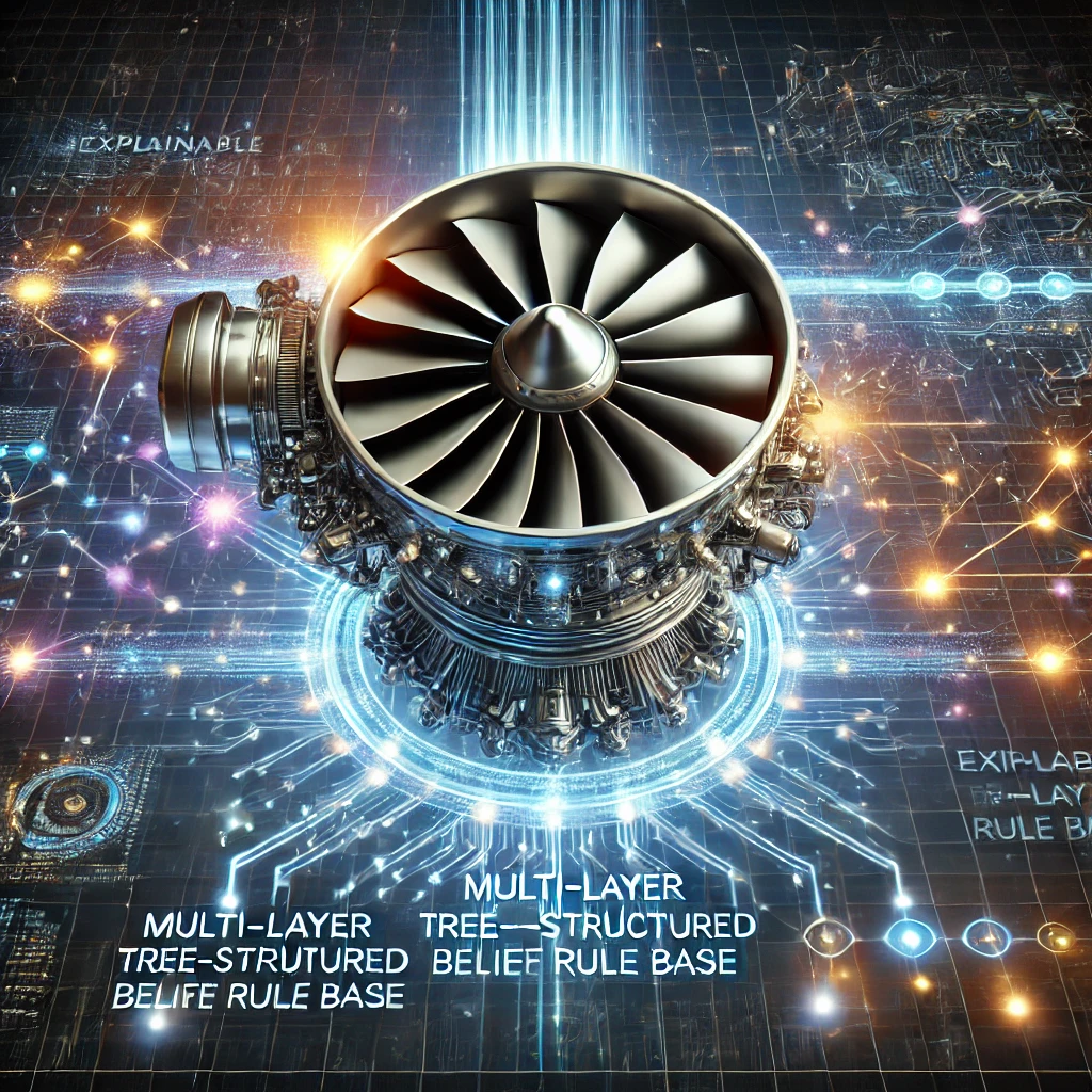 A futuristic depiction of a turbofan engine with a digital network overlay, illustrating the integration of AI and a multi-layer tree-structured belief rule base system for aviation engine performance evaluation.