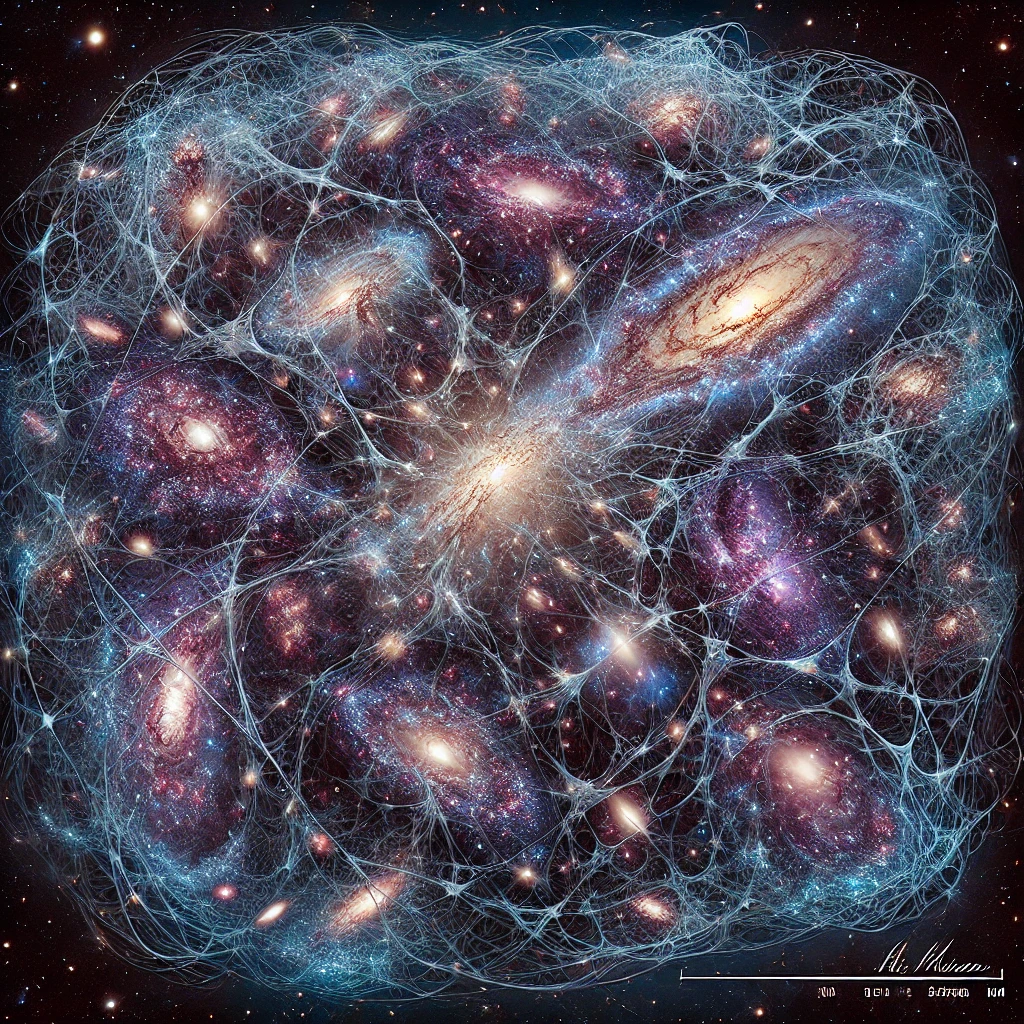 An artistic visualization of the large-scale structure of the Universe, featuring interconnected cosmic filaments of dark matter and clusters of galaxies with varying densities. The image highlights a complex, non-uniform web-like pattern against a deep space background, with faint glows of dark matter and distant stars, capturing the intricate distribution and mysterious nature of cosmic evolution.