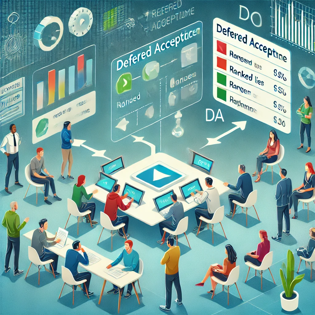 An illustration depicting a decision-making process in an economic experiment, featuring a diverse group of participants interacting with a digital interface displaying multiple choices, resembling a matching mechanism. The image includes elements of the Deferred Acceptance (DA) algorithm with ranked lists and arrows showing selection paths, set in a modern, analytical environment with charts and data patterns in the background, using blue and green hues.