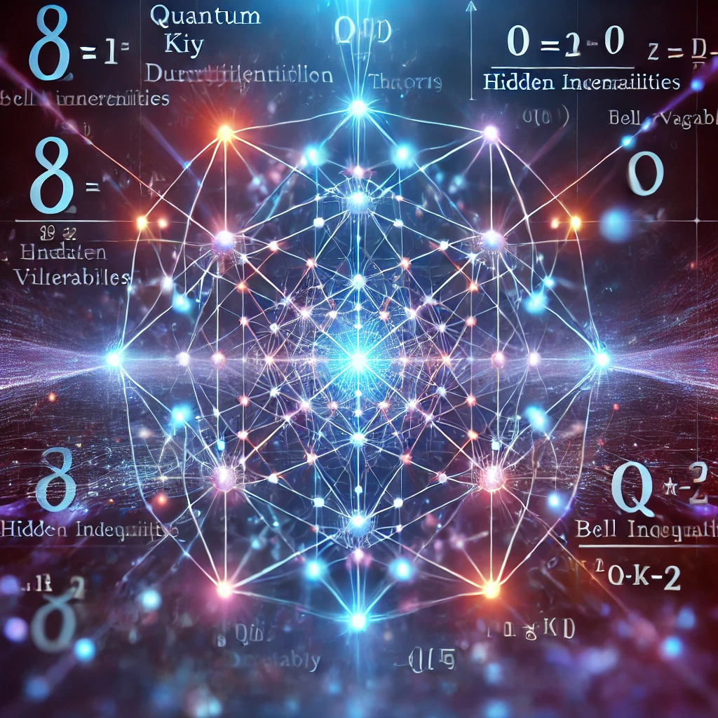 An abstract image showing vulnerabilities in a quantum security system, featuring interconnected glowing nodes and lines representing Quantum Key Distribution (QKD) networks. Subtle cracks and distortions symbolize hidden weaknesses, while mathematical symbols like Bell Inequalities and hidden variable theories are integrated into the background. The use of blue, purple, and neon hues creates a high-tech, mysterious atmosphere, emphasizing the concept of quantum security flaws.