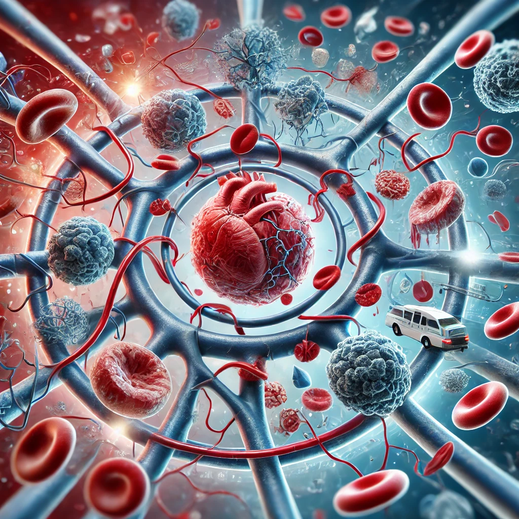 An educational and visually engaging illustration showing anticoagulation therapy in cancer-associated venous thrombosis (VTE). The image features blood vessels with visible blood clots and the action of anticoagulant agents dissolving these clots. Red, blue, and white colors are used to represent blood flow, clot formation, and the treatment process, providing a clear and informative depiction suitable for a medical article.