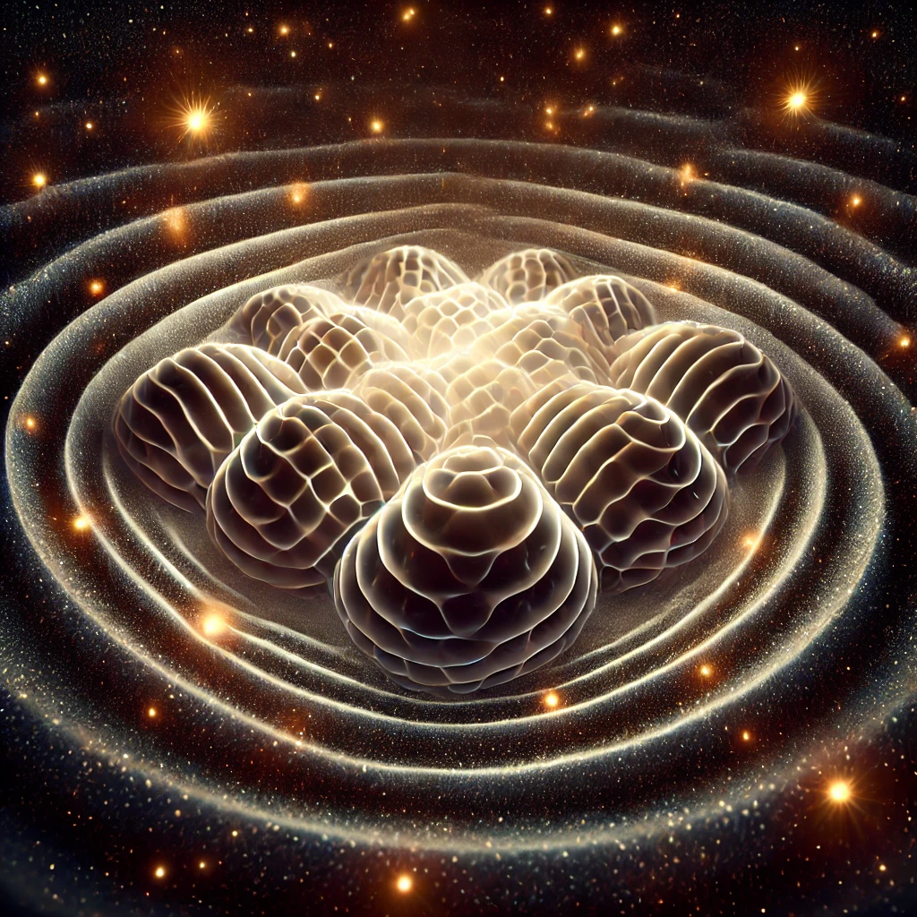 An illustration showing quark nuggets forming in the early universe, with rippling nanohertz gravitational waves spreading out from dense clusters of quarks against a starry background.