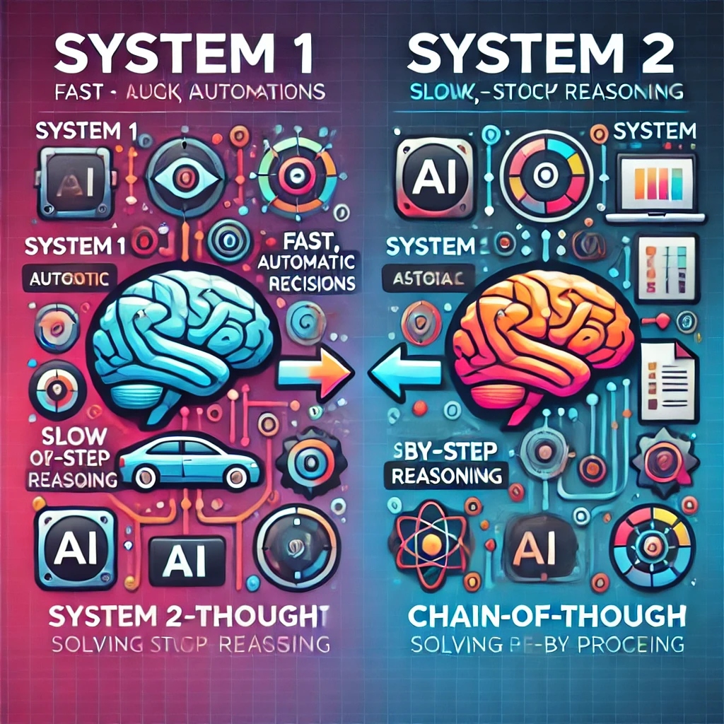 A conceptual diagram illustrating the difference between System 1 (fast, instinctive) and System 2 (slow, logical) reasoning, with an AI model mimicking System 2 processes through chain-of-thought reasoning and step-by-step verification.