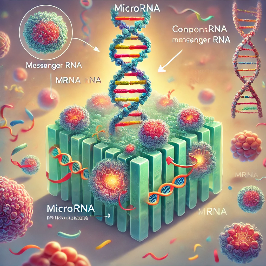 Image showing a molecular illustration of microRNA interacting with messenger RNA, blocking gene expression.