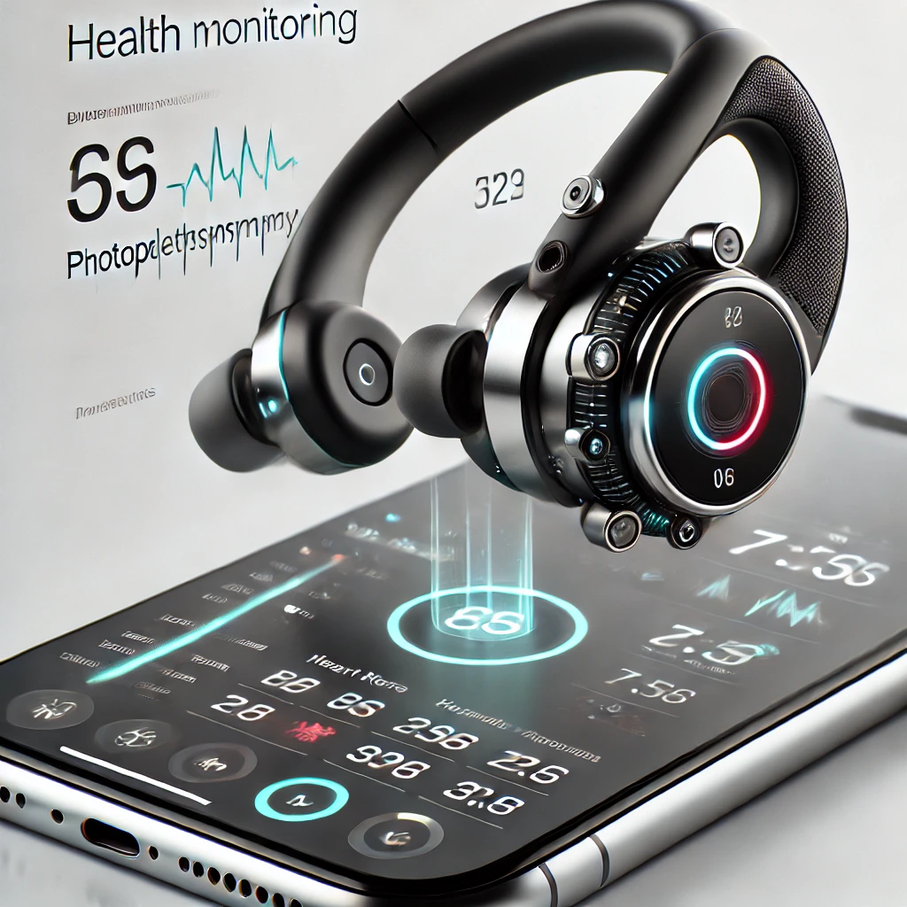 A detailed image of the OmniBuds sensory earable platform highlighting biosensors and machine learning capabilities for real-time health monitoring.