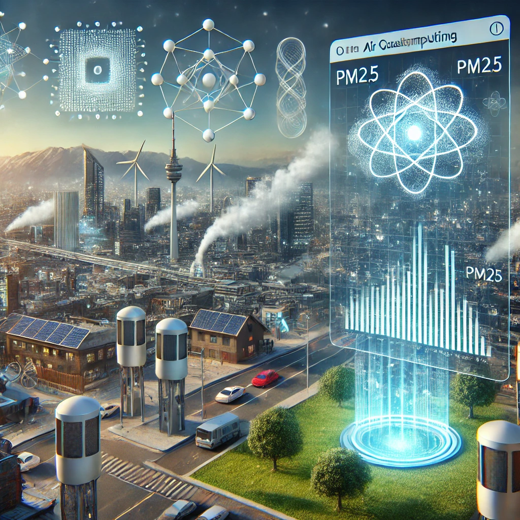 A futuristic setup of air quality monitoring sensors being calibrated using quantum computing techniques, visualizing data analysis on a smart city network.