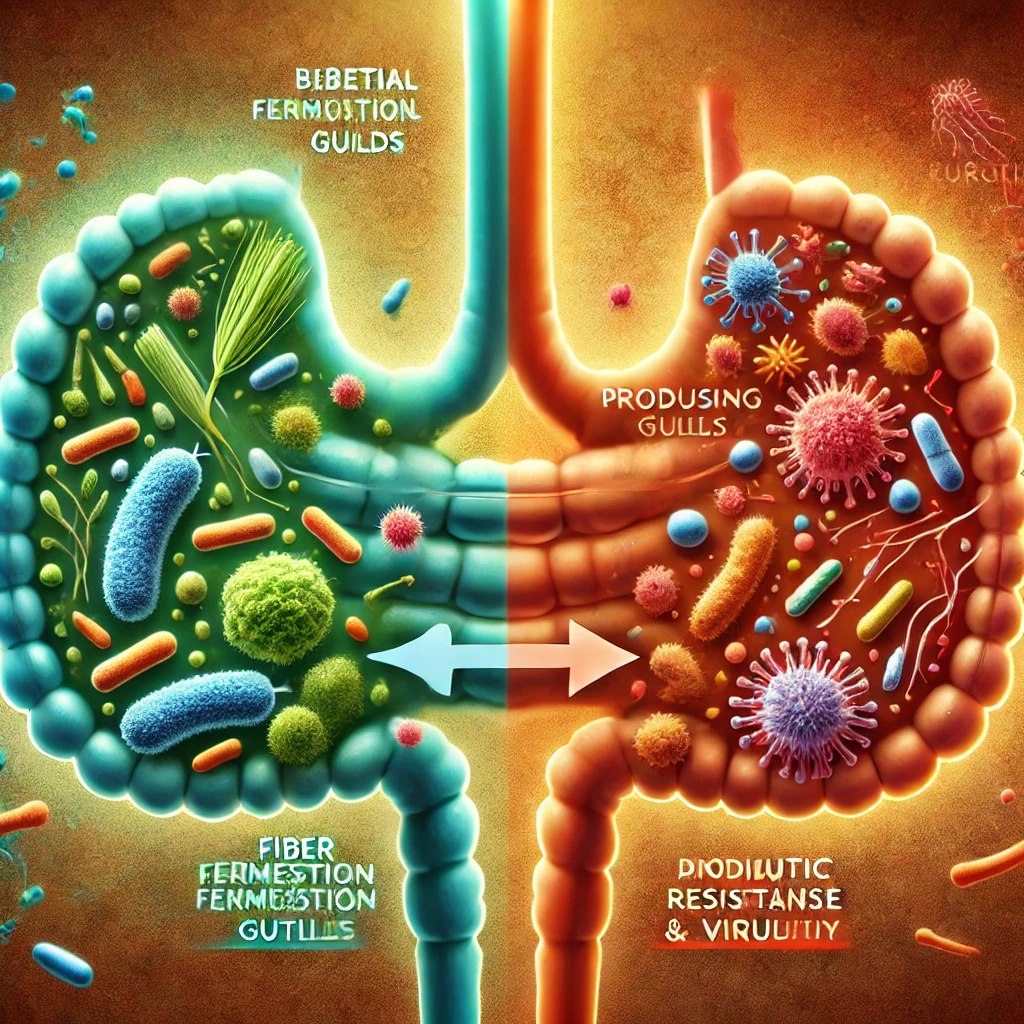 Visual representation of two competing microbial guilds in the gut microbiome, highlighting bacteria involved in fiber fermentation and disease-causing traits.