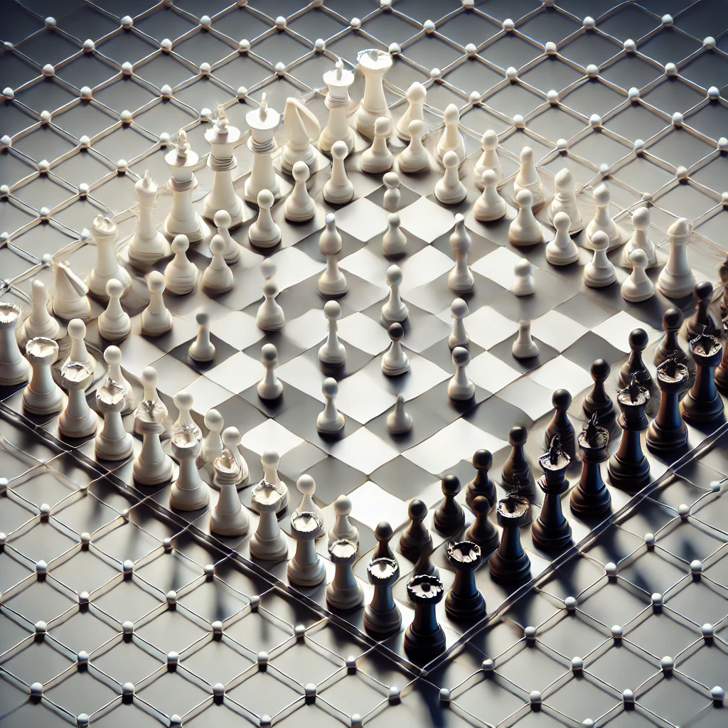 A dynamic visualization of the N-Queens problem on a chessboard, with queens placed across a large grid, demonstrating an efficient arrangement without conflicts, representing the conflict-resolution strategy of the NSCR algorithm.